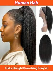Natural Black Kinky Straight Ponytail Human Hair Extension For Women Real Human Hair With Adjustable Drawstring & Clip-In Design - SNatural - View 2