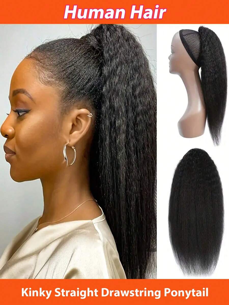 Natural Black Kinky Straight Ponytail Human Hair Extension For Women Real Human Hair With Adjustable Drawstring & Clip-In Design