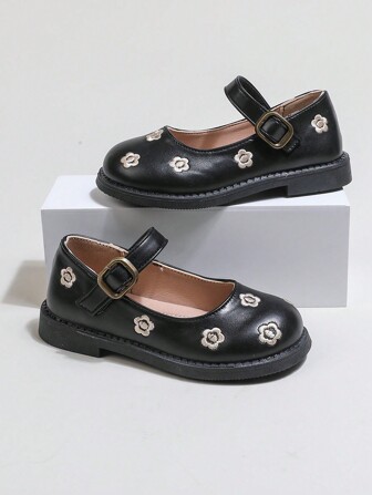 女童复古小皮鞋，花卉刺绣，圆头，软底，玛丽珍公主鞋，适合春、夏、秋季，搭配连衣裙，休闲，室内外（白色、棕色、黑色，尺码 28-34）