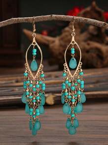 女士金色、蓝色和绿色叶子水钻吊坠耳环 - 闪耀晚宴珠宝 - MS414 - 查看 4