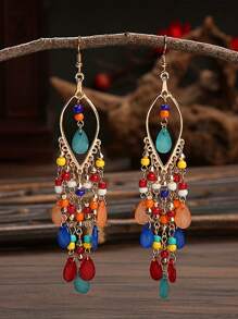 女士金色、蓝色和绿色叶子水钻吊坠耳环 - 闪耀晚宴珠宝 - MS414 - 查看 5