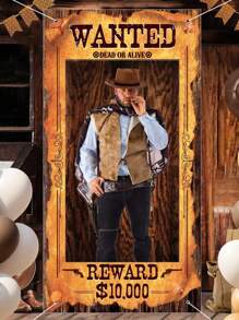 Large Cowboy Theme Party Decorations Western Wanted Poster Photo Banner, Fun Photo Frame Banner, Western Wanted Photo Booth Props, Suitable For Wild West Birthday Game Party, Vintage Country Decor - Brown - View 4