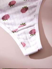 3 件性感丁字裤印花可爱丁字裤蝴蝶结女士内裤草莓 T 背弹力舒适丁字裤 - 灰色 - 查看 5