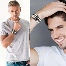 Studded Bracelet PU Leather Punk Bracelet For Men Women, 80s Wristband Goth Punk Rock Bracelet, Black/Silvery Punk Rock Style Two Rows Square Studs Faux Leather Bracelet Cuff Bangle Unisex Bracelets For Party Favors Accessories & Gift Halloween