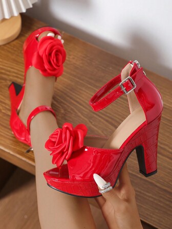 Sandalias romanas de plataforma de moda con tacón en bloque alto, sexy, de piel de patente con flores, a prueba de agua, con punta abierta, de 11.3cm de altura, zapatos casuales y de para mujer 2025