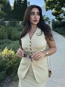 Women V-Neck Chic Single Breasted Long Top - Camel - View 4