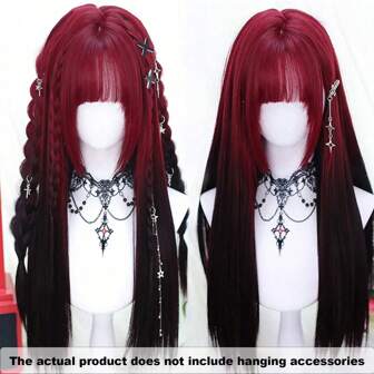 Party 24inch Long Straight Wig Gradient Color, Daily Wig Hair With Bangs,Lolita Jk Long Hair,Red Black Goth Style Party Wig Wigs, Holiday Wigs Party Wig