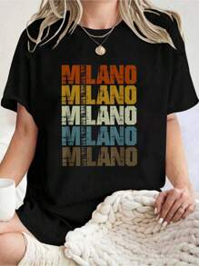 Camiseta de 100% algodón con estampado de moda retro y vintage de Milán, Italia, de manga corta y cuello redondo, casual para primavera y verano, ropa de mujer - Negro - Ver 1