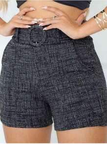 Women's Skinny Linen Shorts With Lined Belt And Pocket - 黑色 - 查看 1