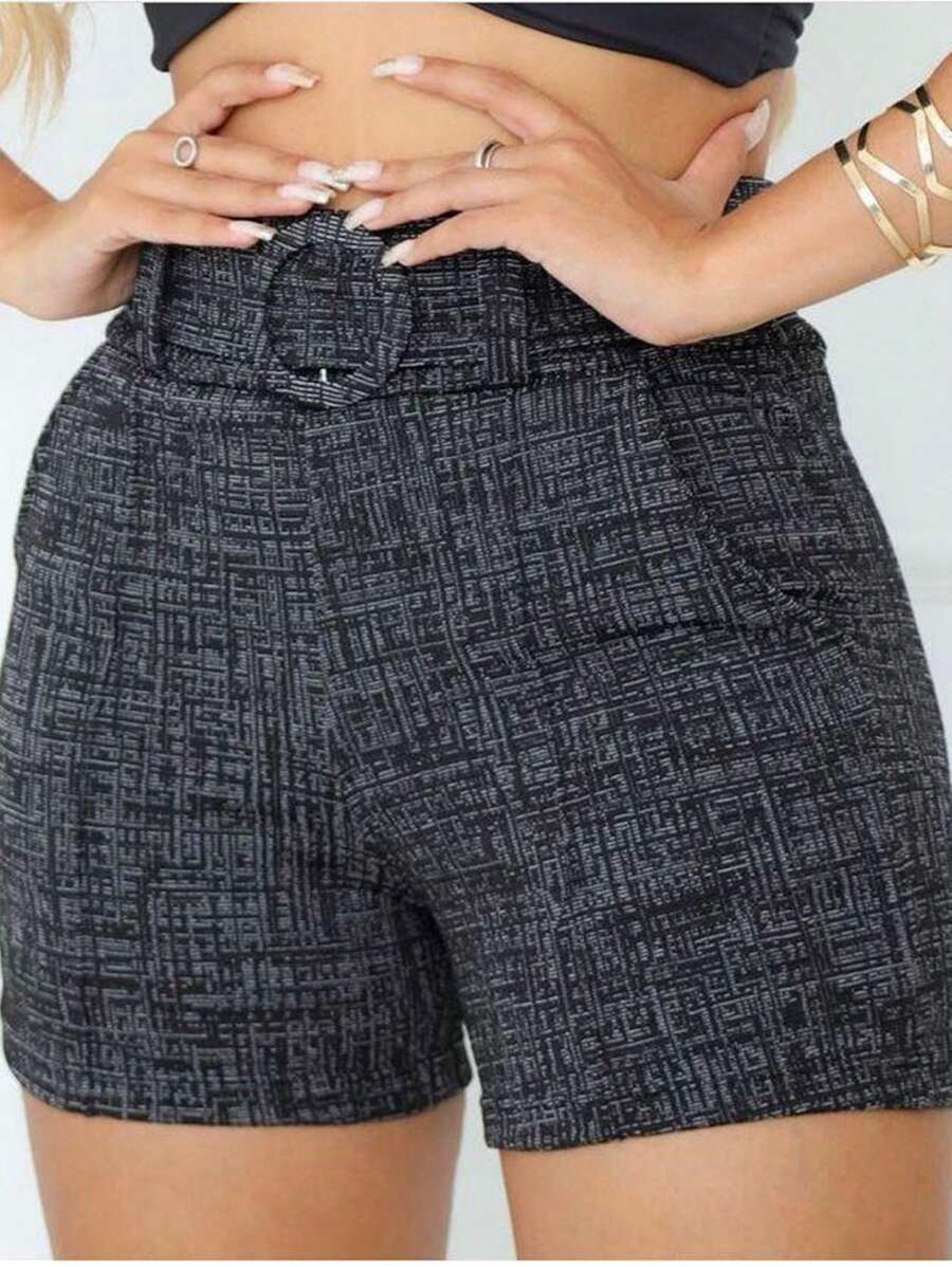 Women's Skinny Linen Shorts With Lined Belt And Pocket - 黑色 - 查看 1