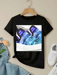CRT Punk 003 Abstract Digital Glitch Art With Futuristic Neon Light Trails In Blue And Purple For Women's Women T-Women's Shirt - 黑色 - 查看 3