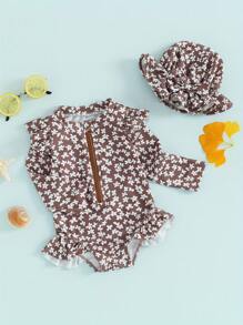 Toddler Girls 2 Piece Swimsuit Set Flower Print Long Sleeve Zipper Rash Guard Swim Cap Beach Outfit - Khaki - View 2