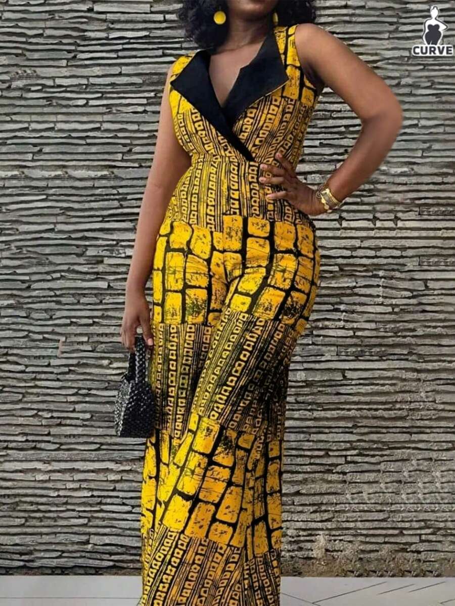 夏季新款假日风格休闲黑色西装翻领彩色无袖图案印花长款大码女式连体裤