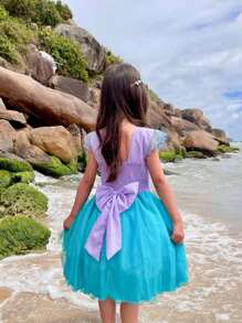 Vestido Infantil Festa Aniversário Tema Sereia Fundo do Mar De Luxo Lilás e Azul Com Brilho - 1.2.3.4 - Azul - Visão 4
