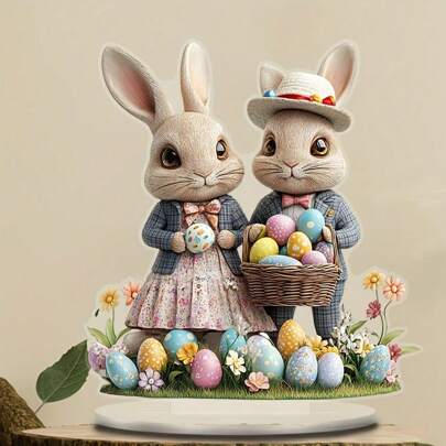 1 Piece Boho 2D Acrylic Table Top Decor With Easter Bunny, Specialty Painted Eggs, Art Deco Bunny Tag Stand, Versatile Animal Themed Home Decor, Suitable For Display On Windowsill, Ideal Easter Celebration Gift