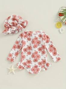 Baby Girls Swimsuit Long Sleeve Flower Print Zipped Bikini With Hat Newborn Swimwear Summer Bathing Suit - Pink - View 3