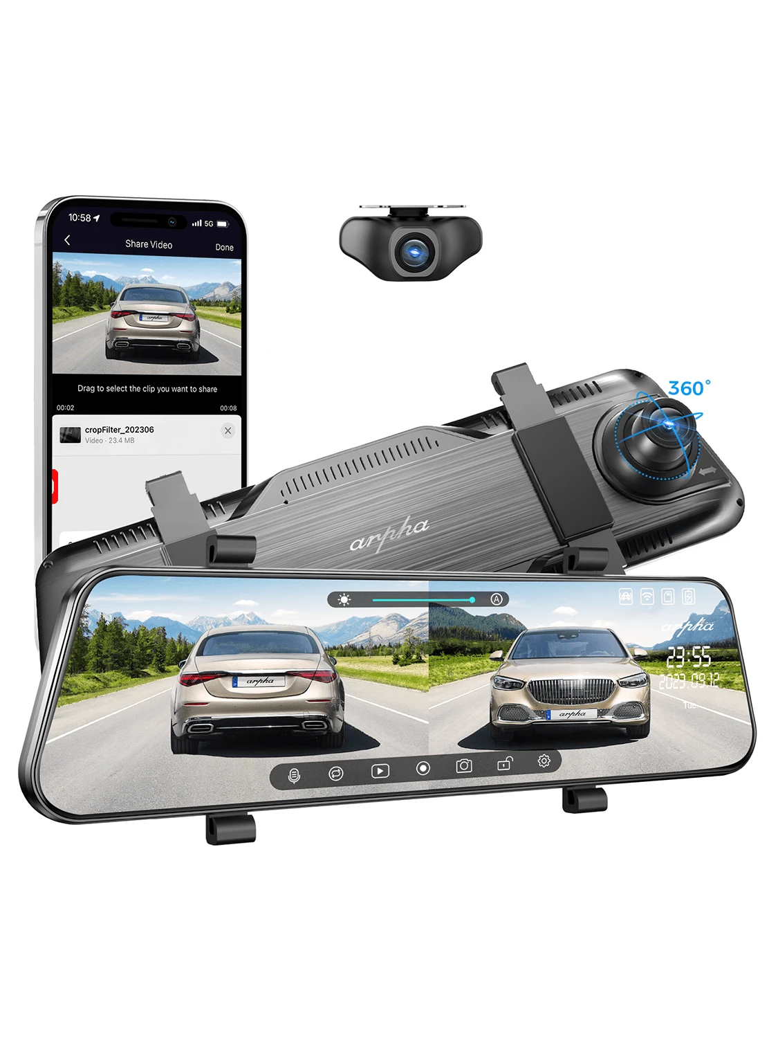 10'' Rear View Mirror Camera Full Touch Screen Mirror Dash Cam, Dual Camera Front 1080P And Rear 720P Backup Camera, App Control With WiFi, Voice Control, WDR Night Vision, 24 Hours Parking Mode, G-Sensor - 黑色 - 查看 1
