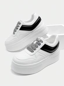 Women's Platform High Heel Fashion Sneakers – Lightweight, Stylish, And Classic Lace-Up Casual Walking Shoes - 黑與白 - 查看 1