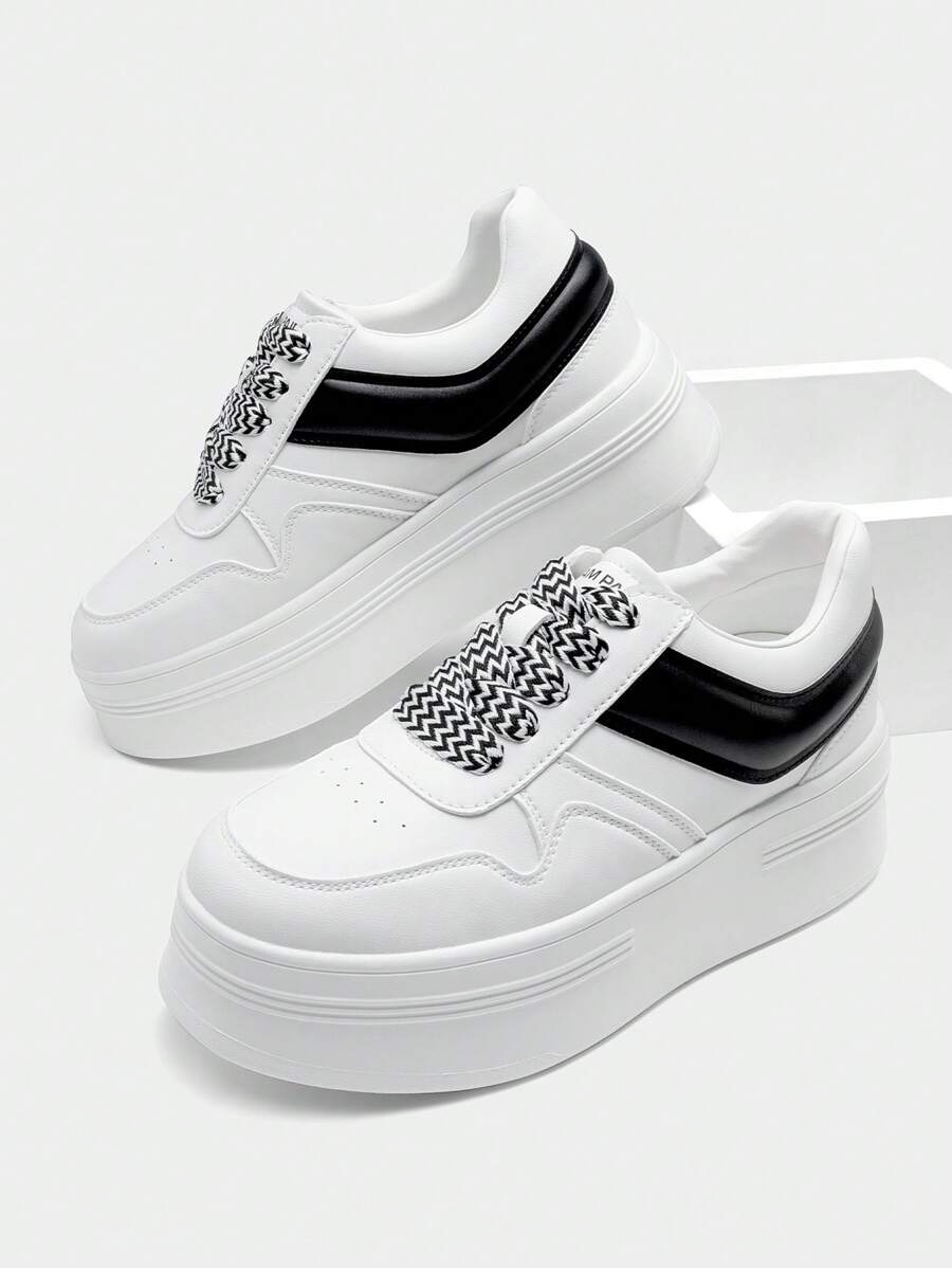 Women's Platform High Heel Fashion Sneakers – Lightweight, Stylish, And Classic Lace-Up Casual Walking Shoes - 黑與白 - 查看 1