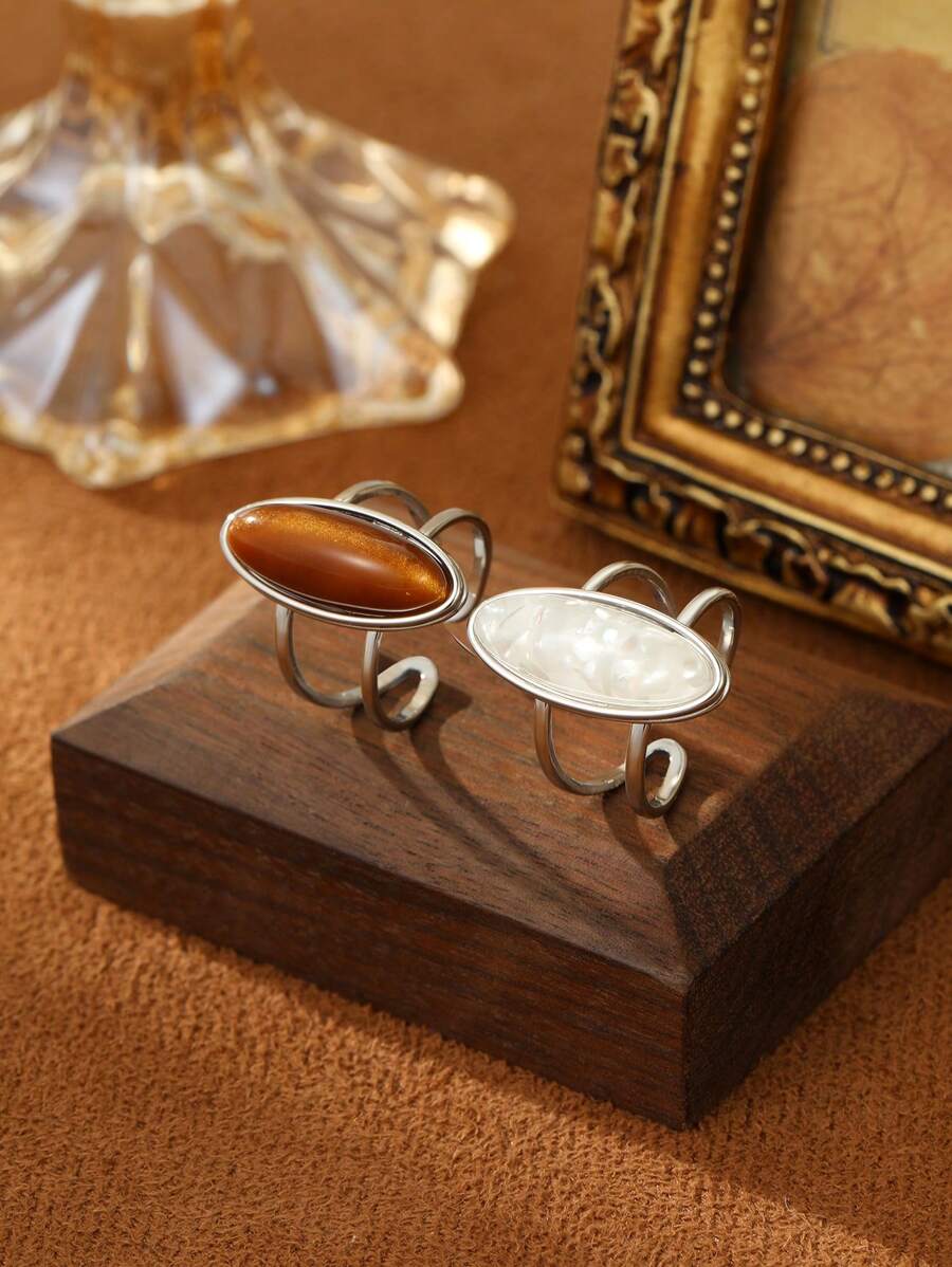 1/2pcs Stainless Steel Gold Yellow Fashion Retro Style White, Brown Turquoise Open Adjustable Women's Decorative Ring Set Suitable For Daily Wear Or Gift Giving - Silver - View 1