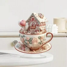 1pc Valentine's Day Theme Romantic Cup Cottage Desktop Decoration, Multi Functional 2D Acrylic Decorative Ornament, Rose Coffee Cup Castle Shaped Design, Multi Purpose Home Decoration, Suitable For Valentine's Day, Ideal Anniversary, Valentine's Day And New Year Gifts