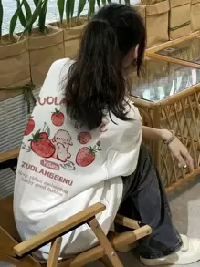 休闲女圆领宽松草莓卡通可爱印花百搭短袖T恤，春夏 - 白色 - 查看 3