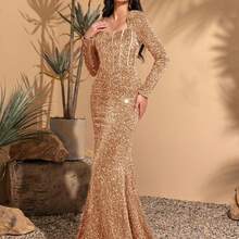 Cekinowa luksusowa suknia wieczorowa, formalna suknia na bankiet dla gwiazd z długimi rękawami i rybim ogonem na formalne przyjęcia, sukienka na imprezę, sukienka dla gości weselnych