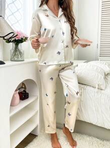 Conjunto de pijama de manga larga y pantalón largo de tipo seda, ropa de estar en casa de alta gama para niñas que se puede usar en exteriores