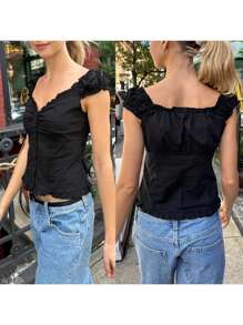 Women's Button Down Tops Fashion Cap Sleeve Solid Color Slim Fit Frill T-Shirts Summer Blouses - Black - View 3