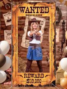 Large Cowboy Theme Party Decorations Western Wanted Poster Photo Banner, Fun Photo Frame Banner, Western Wanted Photo Booth Props, Suitable For Wild West Birthday Game Party, Vintage Country Decor - Brown - View 5