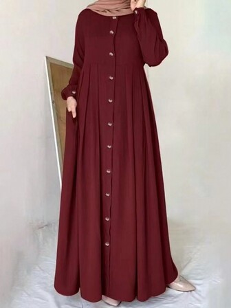 Women's Solid Color Front Button Long Sleeve Pocket Minimalist Arabic Style Dress,Modest