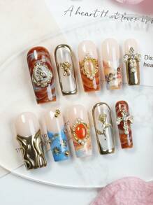 10 Stk. handgefertigte lange, quadratische aufklappbare Nägel im Farbverlauf-Französisch-Stil mit 3D Linienkunst, goldene Blumen, Kreuze, Engel, luxuriöser Stil Kunstnägel für Frauen und Mädchen