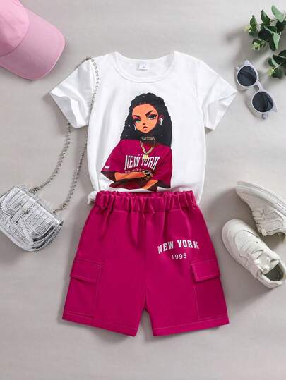 2pcs/Set Young Girl (4-7 Years) Cartoon Girl Pattern Round Neck T-Shirt With Letter Print Shorts, Summer Outfit