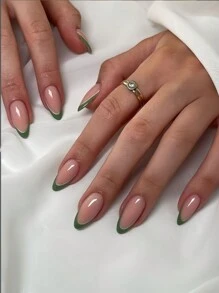 24 piezas de diseños románticos de labios franceses en verde y rosa, uñas cortas de almendra, adecuadas para fiestas, reuniones y vacaciones, incluye gel de gelatina + lima - Verde - Ver 1