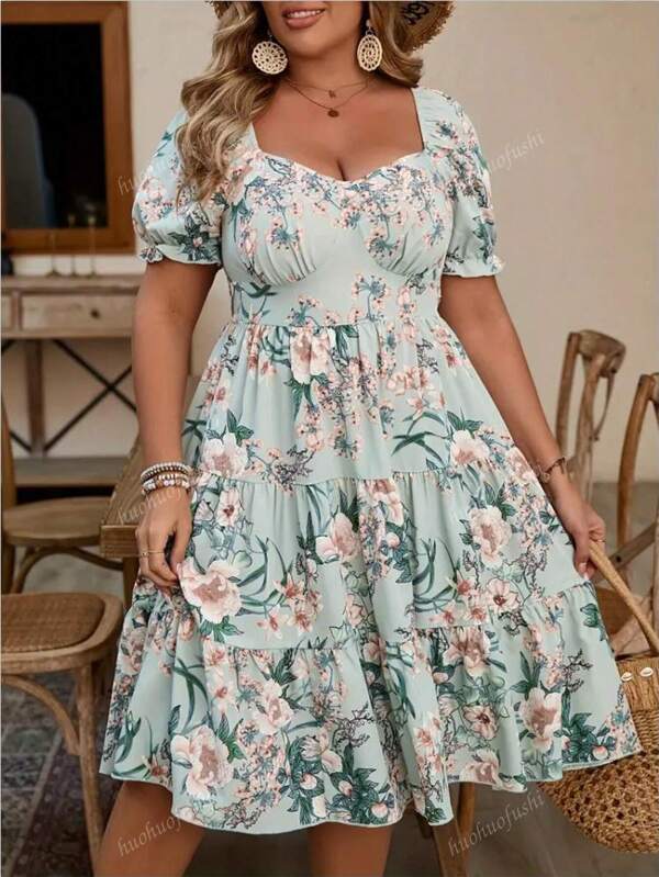 Vestido estampado de capas, escote de corazón, manga corta, tela de poliéster sin estiramiento, lavable a máquina - Adecuado para primavera/verano/otoño y vacaciones