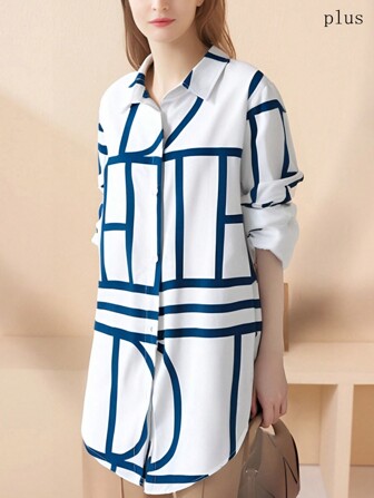 Långärmad lös skjorta med geometriskt tryck i plusstorlek för kvinnor med rundad fåll