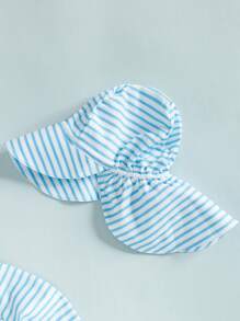 Toddler Boys Girls Rash Guard Swimsuit With Hat 2 Pcs Set Striped Pattern Zip Up Long Sleeve Crew Neck Baby Swimwears - Blue - View 7