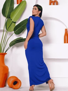 Women's Party Dress Deep V-Neck With Shoulder Pads Lined Cup Maxi Length In Fluity Mesh Fits Sizes 36 To 42 One Size Bridesmaids Civil And Guests Elegant Events - 寶藍色 - 查看 2