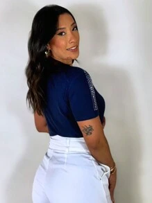 Women's T-Shirt - Basic T-Shirt - Glitter On The Shoulder - Navy Blue - View 5