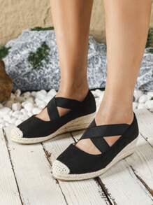 Sandalias de cuña con plataforma y cuerda cruzada para mujer, de moda - Negro - Ver 1