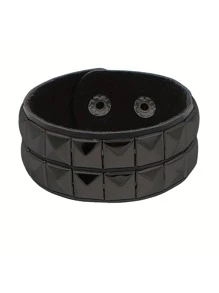 Studded Bracelet PU Leather Punk Bracelet For Men Women, 80s Wristband Goth Punk Rock Bracelet, Black/Silvery Punk Rock Style Two Rows Square Studs Faux Leather Bracelet Cuff Bangle Unisex Bracelets For Party Favors Accessories & Gift Halloween