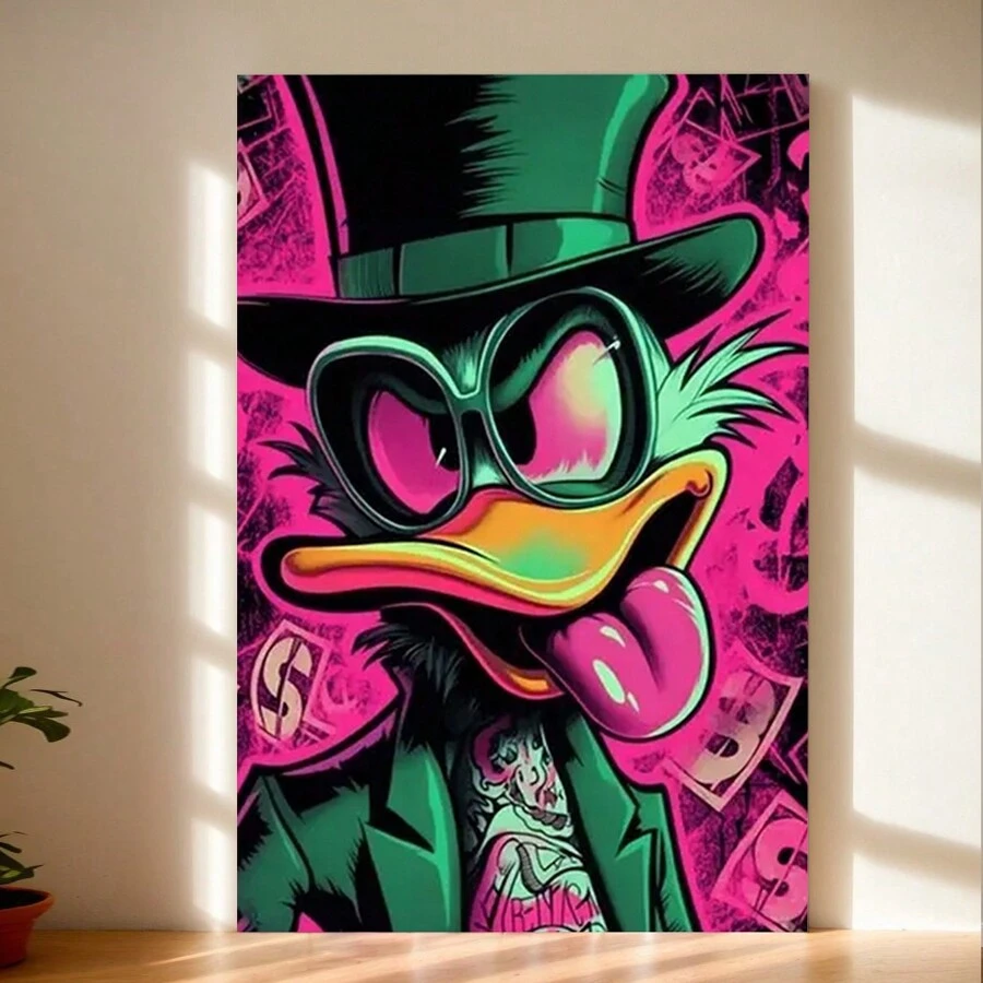 Framed Chic Cartoon Duck & Money Theme Canvas Art, Modern Wall Decor For Living Room, Bedroom, StudioRoom, Living Room, Kitchen, A Festive Touch For Valentine's And New Yea Decor