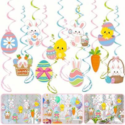 16 pezzi di decorazioni pasquali a spirale, con motivo a coniglietti e uova, decorazioni sospese colorate a forma di coniglio di carta per la decorazione di casa e festa di Pasqua primaverile