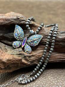 1 Set Vintage Western/Country Style Beaded CCB/Chain/Butterfly Pendant Necklace & Butterfly Drop Earrings, Suitable For Women/Girls To Accessorize Casual Outfits, Parties, Jewelry Gift For Family/Friends/Yourself