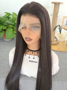 13''x4'' 自由式合成蕾丝前假发，耐热纤维，24 英寸，黑色，适合日常佩戴 - 黑棕色 - 查看 6