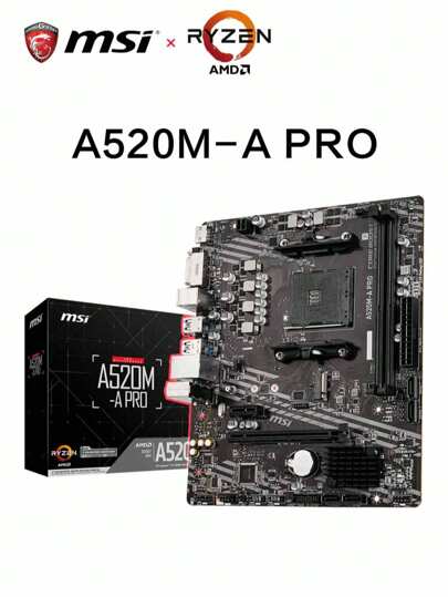 MSI Carte mère AMD A520M-A PRO Socket AM4 prenant en charge les processeurs AMD Ryzen™ Série 5000, Série 5000 G, Série 4000 G, Série 3000 et Série 3000 G. Prend en charge la mémoire DDR4-4600MHz (OC) en double canal. Avec DisplayPort,  DVI-D, M.2, SATA, emplacement PCI-E 3.0 X16