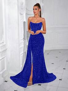 ADYCE Strapless High Waist Pleated Side Slit Backless Long Belted Formal Evening Gown, Suitable For Women, Wedding, Prom, Wedding Guest, Graduation, Gala, Elegant Sequin Decor - Royal Blue - View 7