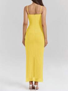 Women's Sexy Fitted Mesh & Lace Splice Ruffle Hem Split Cocktail Party Dress, Wedding Guest Dress, Suitable For Spring & Summer - Yellow - View 6