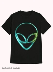 Alien Head Space Rave Edm Music Alien ,Casual Print,Comfortable And Versatile,Letter Pattern Pure Cotton 220g Printed T-Shirt - 黑色 - 查看 1