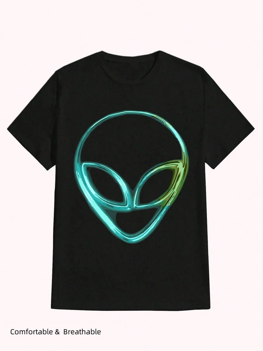 Alien Head Space Rave Edm Music Alien ,Casual Print,Comfortable And Versatile,Letter Pattern Pure Cotton 220g Printed T-Shirt - 黑色 - 查看 1